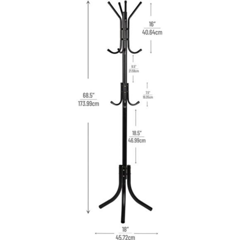 Alloy Collection, Coat Rack with 11 Hooks, Metal, 18"L x 18"W x 68.5"H, Black